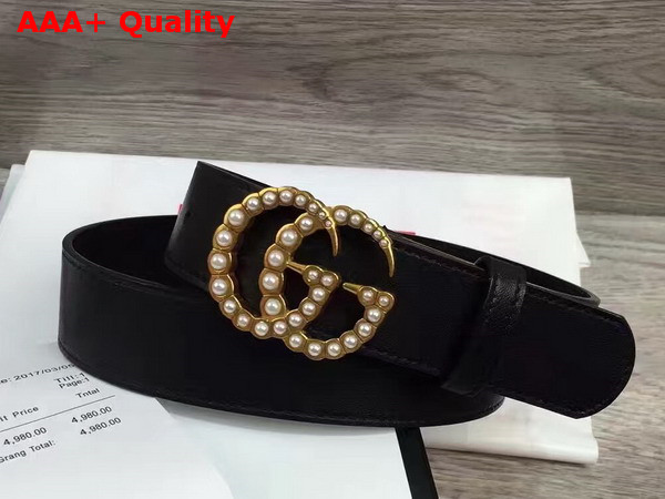 Gucci Leather Belt with Pearl Double G Buckle Black Replica