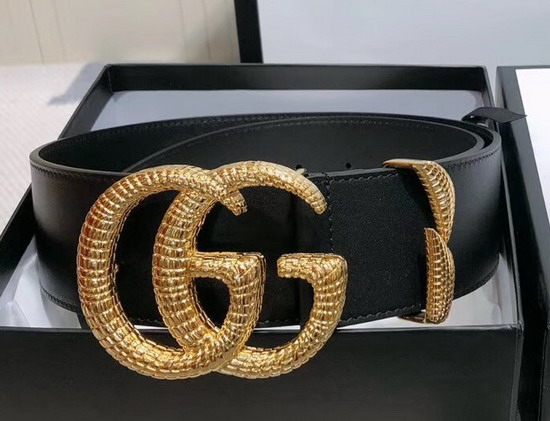 Gucci Leather Belt with Snake Effect Double G Buckle Black Leather 563696