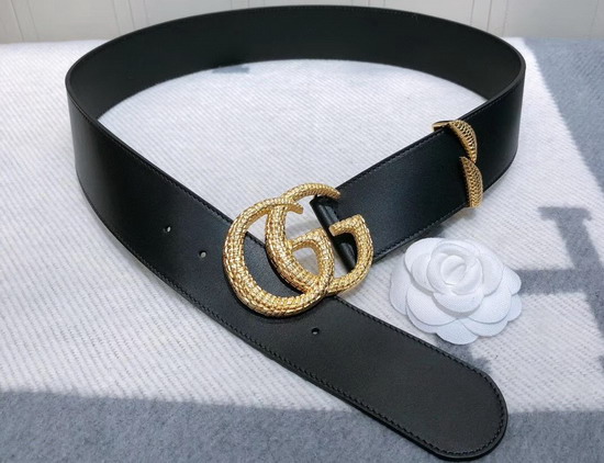 Gucci Leather Belt with Snake Effect Double G Buckle Black Leather 563696