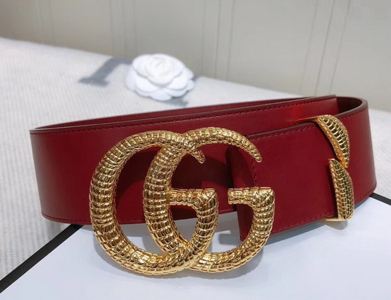 Gucci Leather Belt with Snake Effect Double G Buckle Dark Red Leather 563696