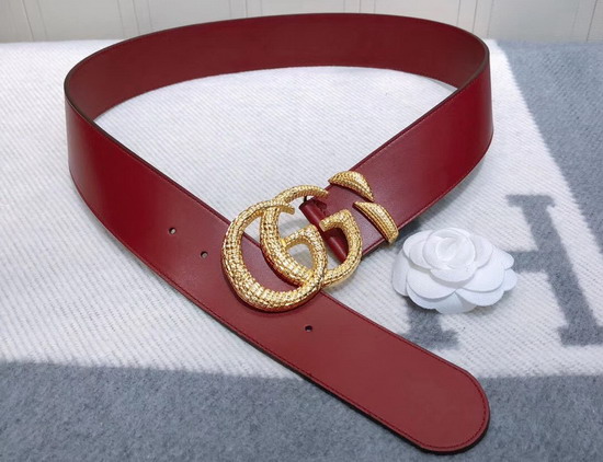 Gucci Leather Belt with Snake Effect Double G Buckle Dark Red Leather 563696