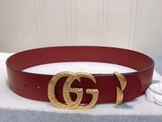 Gucci Leather Belt with Snake Effect Double G Buckle Dark Red Leather 563696