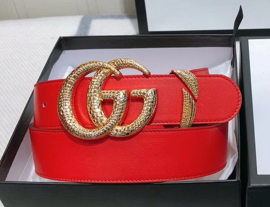 Gucci Leather Belt with Snake Effect Double G Buckle Hibiscus Red Leather 563696