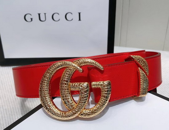 Gucci Leather Belt with Snake Effect Double G Buckle Hibiscus Red Leather 563696