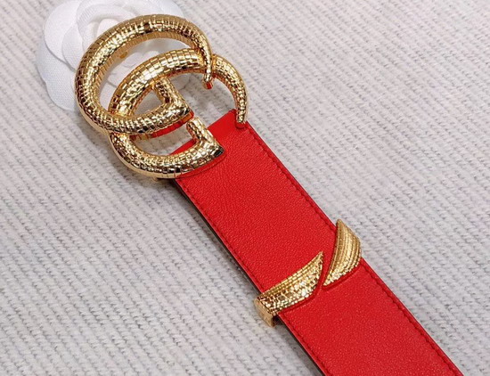 Gucci Leather Belt with Snake Effect Double G Buckle Hibiscus Red Leather 563696