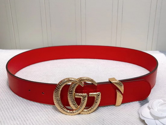 Gucci Leather Belt with Snake Effect Double G Buckle Hibiscus Red Leather 563696