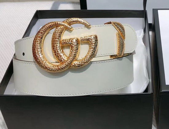 Gucci Leather Belt with Snake Effect Double G Buckle White Leather 563696