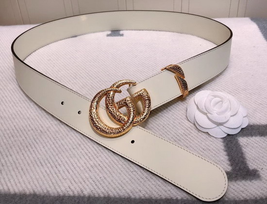 Gucci Leather Belt with Snake Effect Double G Buckle White Leather 563696