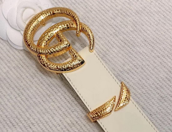 Gucci Leather Belt with Snake Effect Double G Buckle White Leather 563696