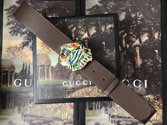 Gucci Leather Belt with Tiger Head Dark Brown Leather