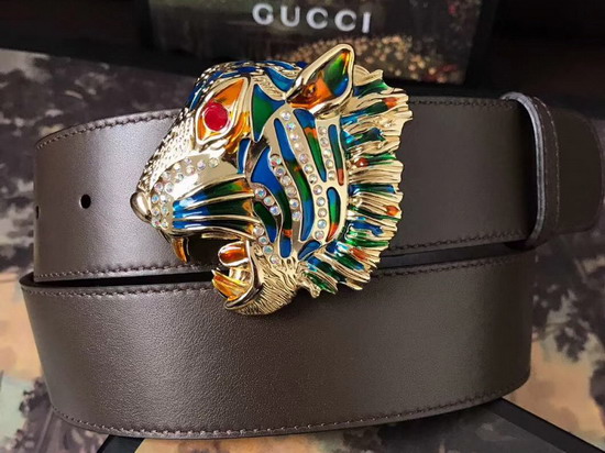 Gucci Leather Belt with Tiger Head Dark Brown Leather