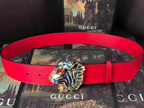 Gucci Leather Belt with Tiger Head Red Leather