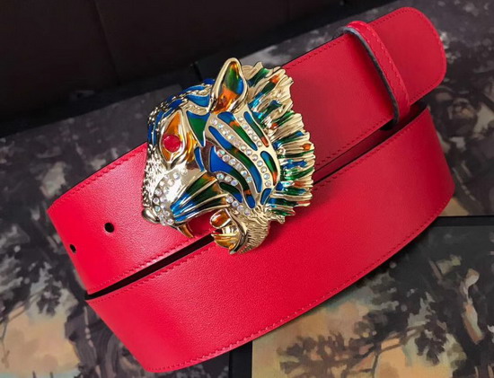 Gucci Leather Belt with Tiger Head Red Leather