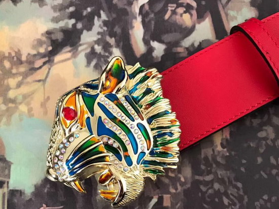 Gucci Leather Belt with Tiger Head Red Leather