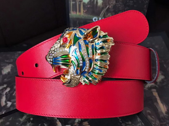 Gucci Leather Belt with Tiger Head Red Leather