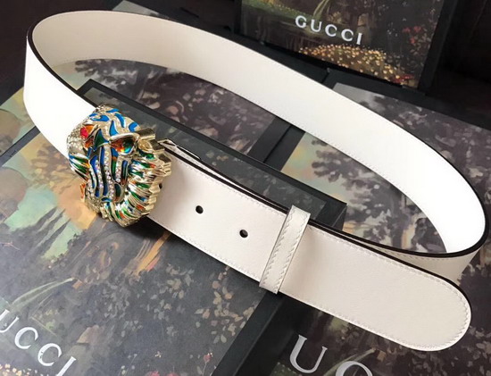 Gucci Leather Belt with Tiger Head White Leather