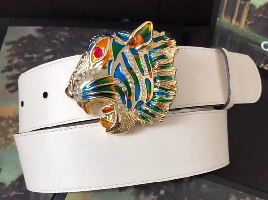 Gucci Leather Belt with Tiger Head White Leather