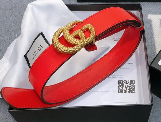 Gucci Leather Belt with Torchon Double G Buckle Hibiscus Red Leather 524103