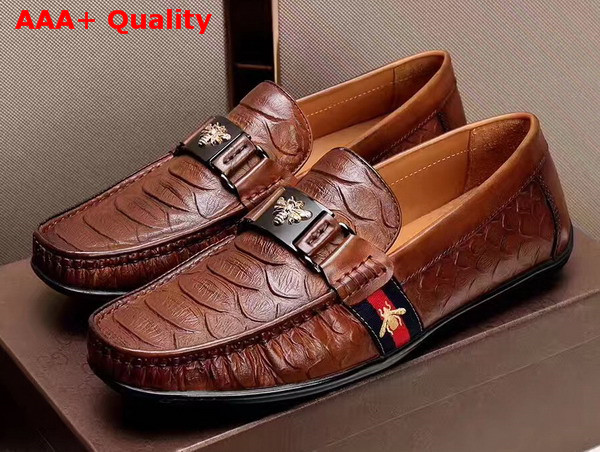 Gucci Leather Driver with Bee and Web Brown Croc Embossed Calf Leather Replica