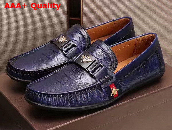 Gucci Leather Driver with Bee and Web Navy Blue Croc Embossed Calf Leather Replica