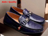 Gucci Leather Driver with Bee and Web Navy Blue Croc Embossed Calf Leather Replica