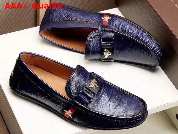 Gucci Leather Driver with Bee and Web Navy Blue Croc Embossed Calf Leather Replica