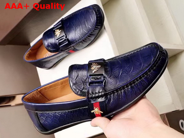 Gucci Leather Driver with Bee and Web Navy Blue Croc Embossed Calf Leather Replica