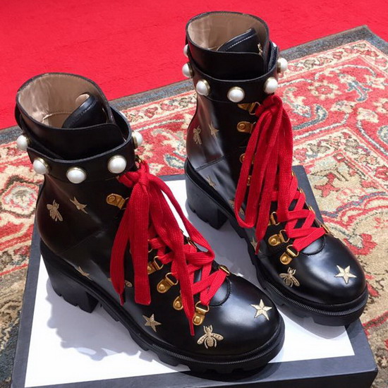 Gucci Leather Embroidered Ankle Boot in Black with Red Laces 498695