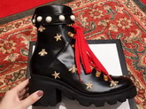 Gucci Leather Embroidered Ankle Boot in Black with Red Laces 498695