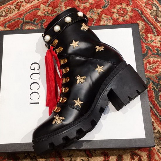 Gucci Leather Embroidered Ankle Boot in Black with Red Laces 498695