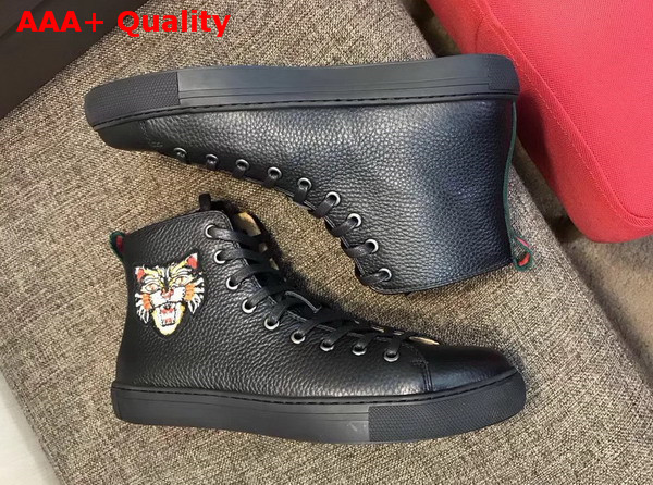 Gucci Leather High Top Sneaker in Black with Angry Cat Embroidered Appliques Replica