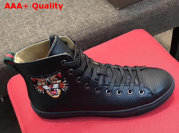 Gucci Leather High Top Sneaker in Black with Angry Cat Embroidered Appliques Replica