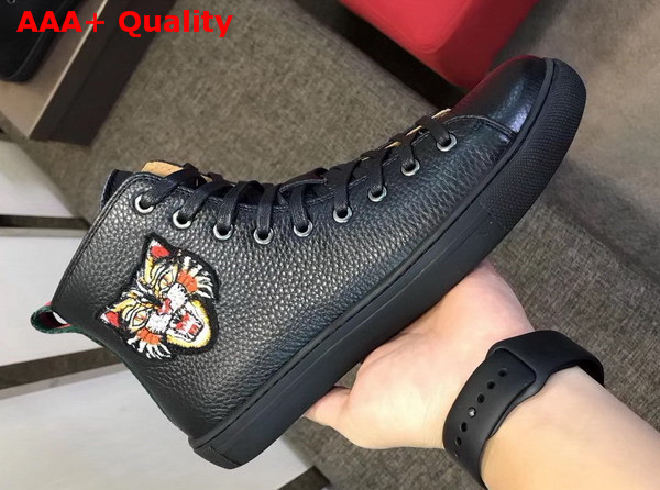 Gucci Leather High Top Sneaker in Black with Angry Cat Embroidered Appliques Replica