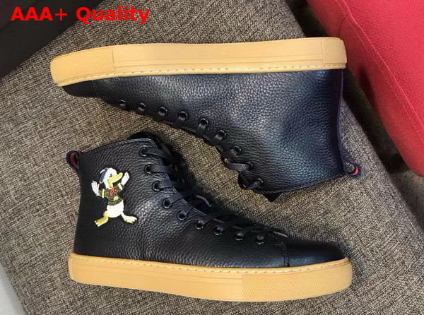 Gucci Leather High Top Sneaker in Black with Donald Duck Embroidered Appliques Replica