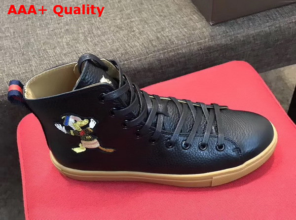 Gucci Leather High Top Sneaker in Black with Donald Duck Embroidered Appliques Replica