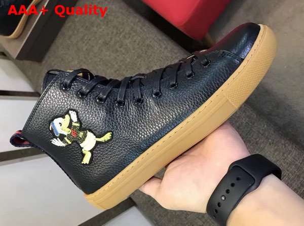 Gucci Leather High Top Sneaker in Black with Donald Duck Embroidered Appliques Replica