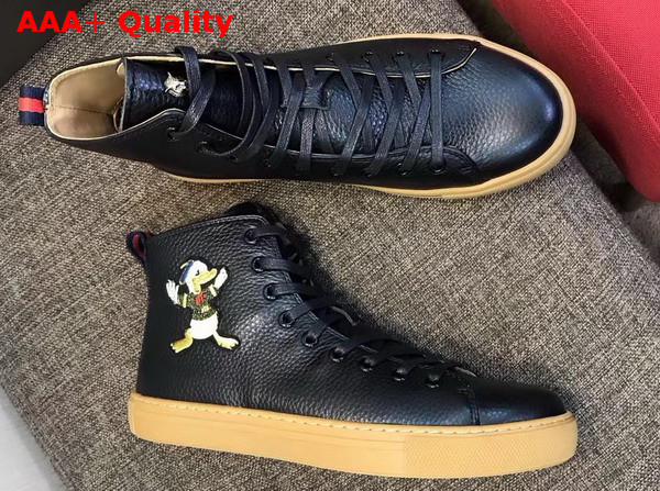 Gucci Leather High Top Sneaker in Black with Donald Duck Embroidered Appliques Replica