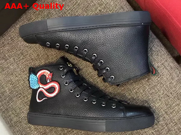 Gucci Leather High Top Sneaker in Black with Embroidered Fly Dragon Replica