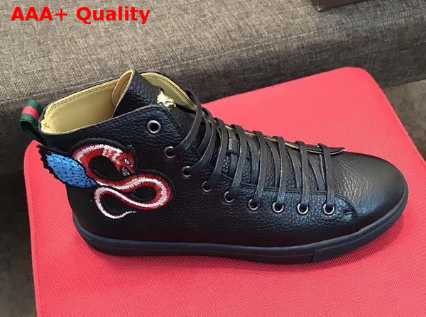 Gucci Leather High Top Sneaker in Black with Embroidered Fly Dragon Replica