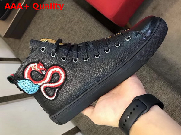 Gucci Leather High Top Sneaker in Black with Embroidered Fly Dragon Replica