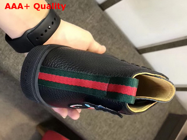 Gucci Leather High Top Sneaker in Black with Embroidered Fly Dragon Replica