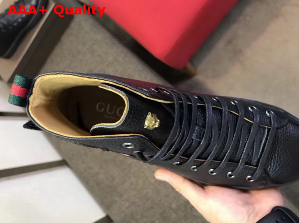 Gucci Leather High Top Sneaker in Black with Embroidered Fly Dragon Replica