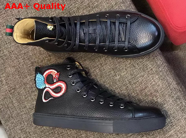 Gucci Leather High Top Sneaker in Black with Embroidered Fly Dragon Replica