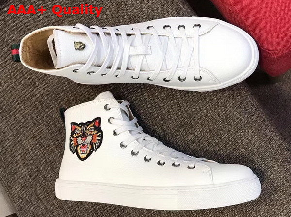 Gucci Leather High Top Sneaker in White with Angry Cat Embroidered Appliques Replica