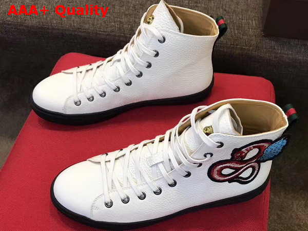 Gucci Leather High Top Sneaker in White with Embroidered Fly Dragon Replica