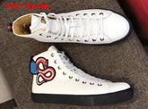 Gucci Leather High Top Sneaker in White with Embroidered Fly Dragon Replica