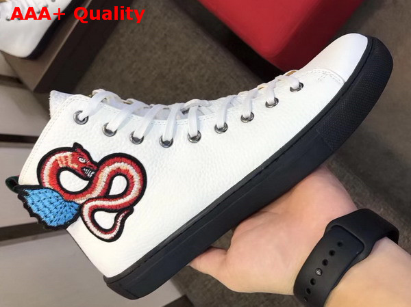 Gucci Leather High Top Sneaker in White with Embroidered Fly Dragon Replica