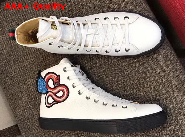 Gucci Leather High Top Sneaker in White with Embroidered Fly Dragon Replica