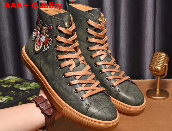 Gucci Leather High Top Sneaker with Embroidered Angry Cat on The Right Dark Green Washed Calf Leather Replica