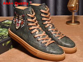 Gucci Leather High Top Sneaker with Embroidered Angry Cat on The Right Dark Green Washed Calf Leather Replica